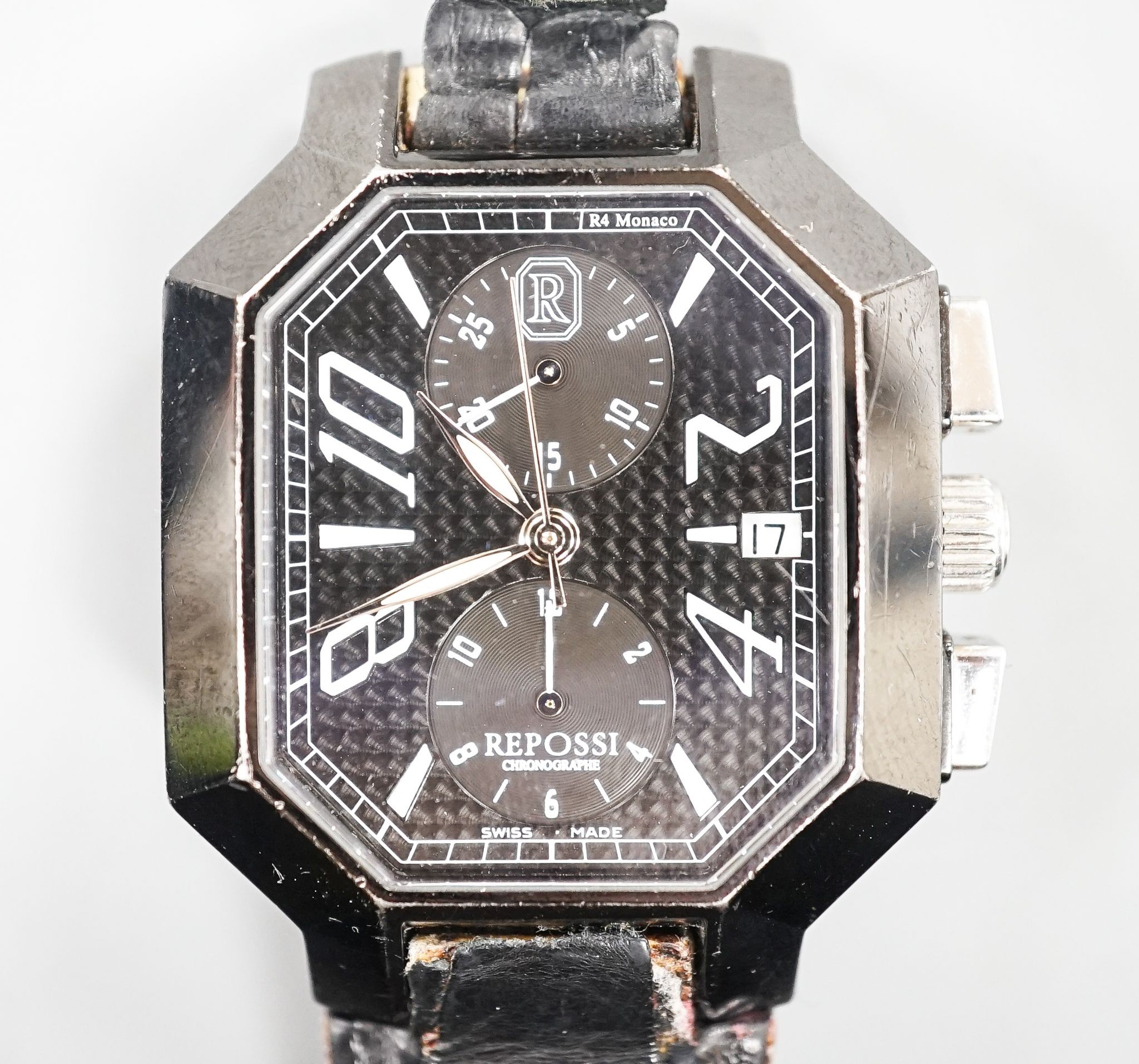 A gentleman's modern blackened stainless steel Swiss Repossi Chronograph automatic wrist watch, on a leather strap(a.f.), no box or papers, case diameter 39mm.